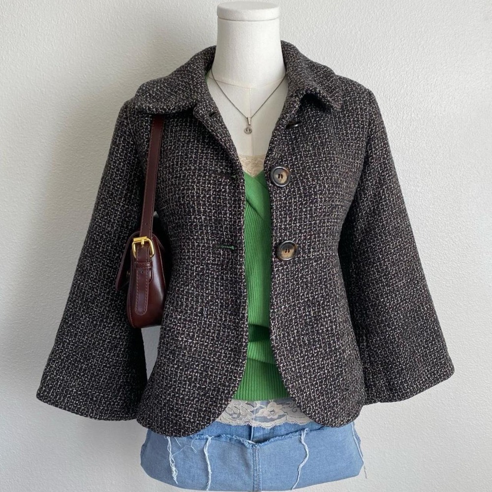 Vintage Van Heusen Black Brown Wool Blend Tweed Peacoat